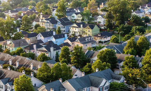 Aerial view of house roofs in suburban n